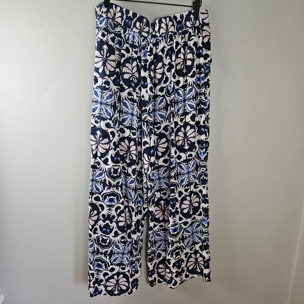 Rachel‎ Zoe Linen Blend Ikat Boho Wide Leg Crop Pants Sz L Blue Ivory Flowy - Picture 6 of 10